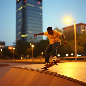 Computer art image of Skateboarder in city skate board at dusk