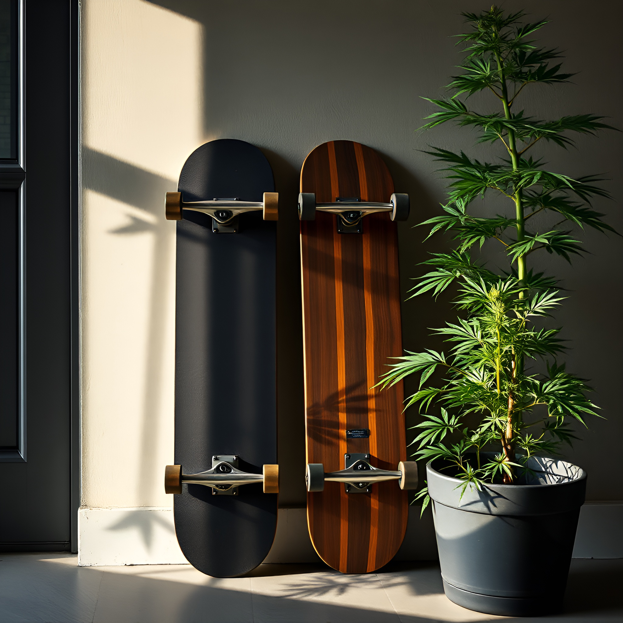 Computer art image of two skateboards next to a cannabis plant with the sun shining on them