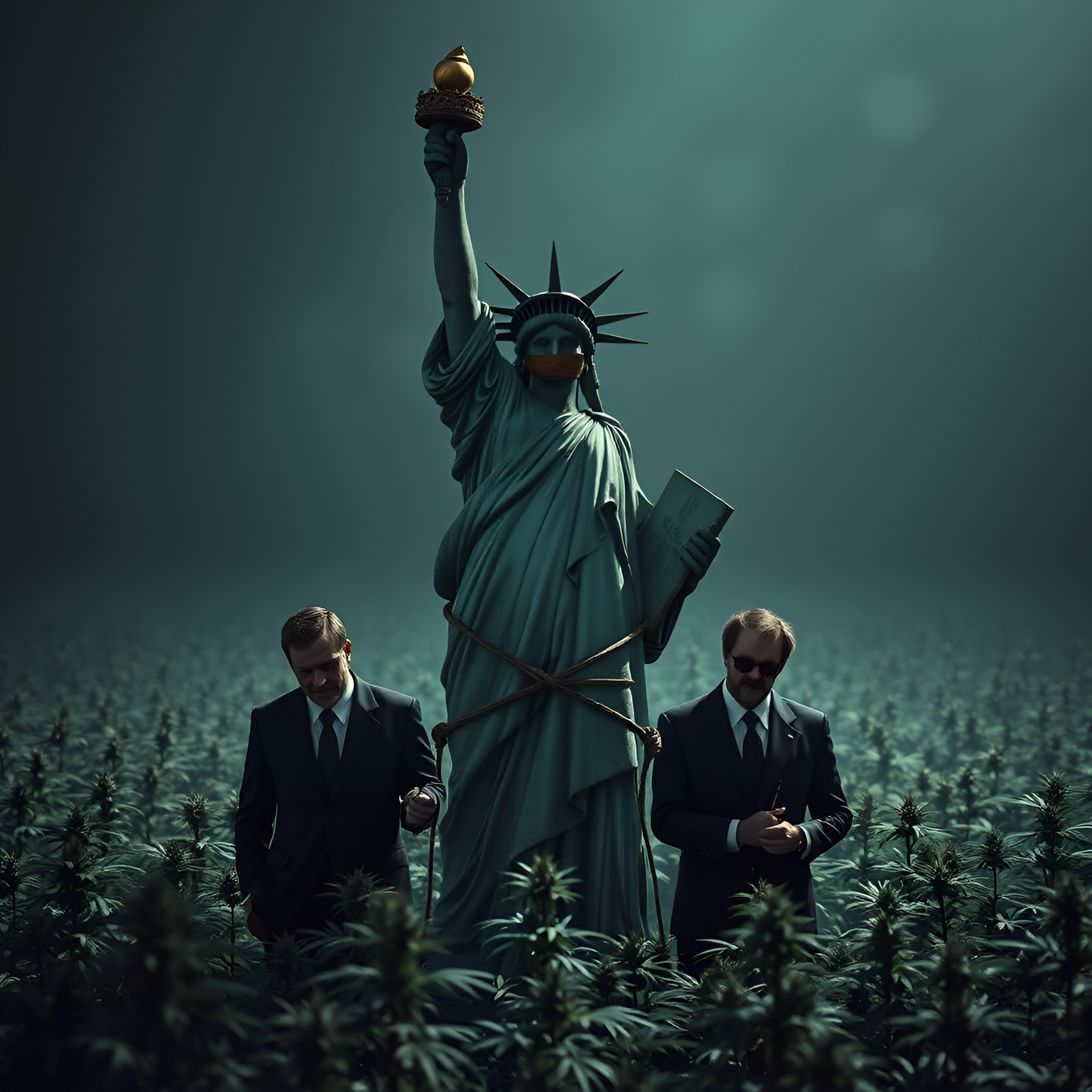 Dark Statue of Liberty with Corporate Cronies behind it surrounded by weed plants